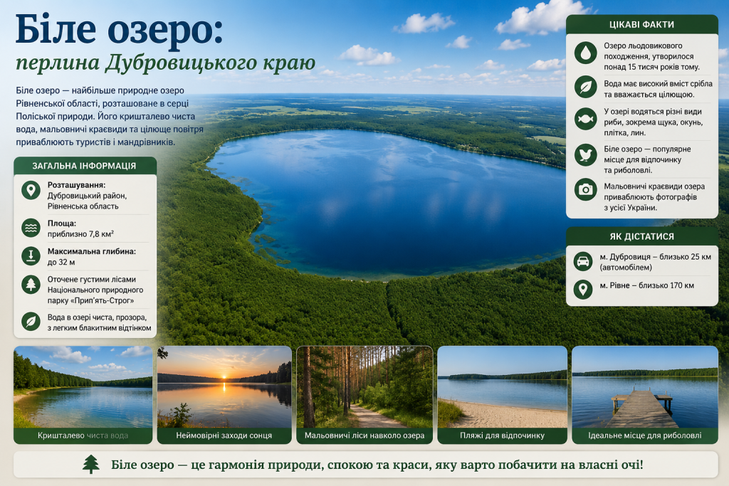 Інфографіка про Біле озеро на Рівненщині з інформацією про природу, відпочинок і цікаві факти.
