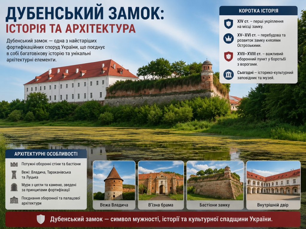 Інфографіка про Дубенський замок з історією, архітектурними особливостями та визначними місцями фортеці.