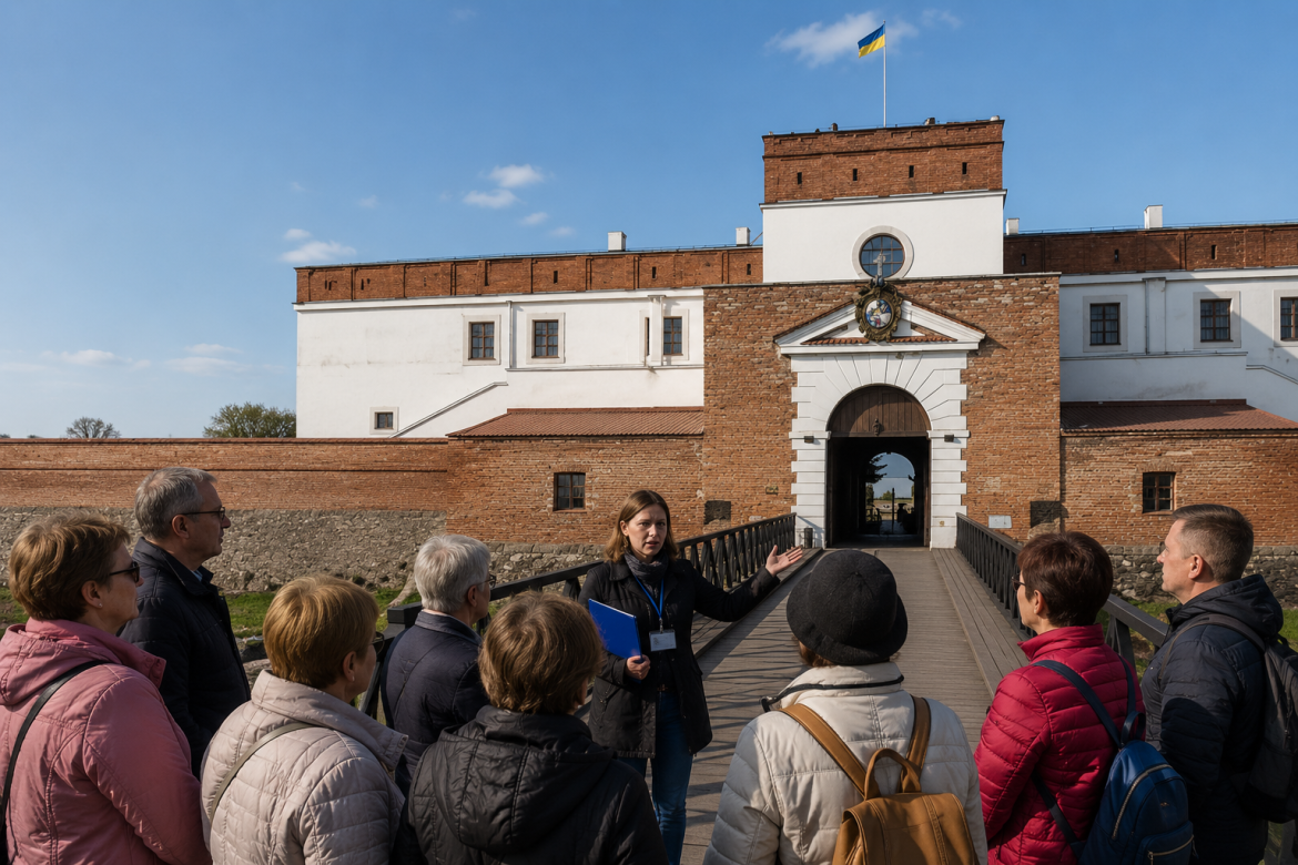 Туристична група з екскурсоводом біля головного входу до Дубенського замку на Рівненщині.