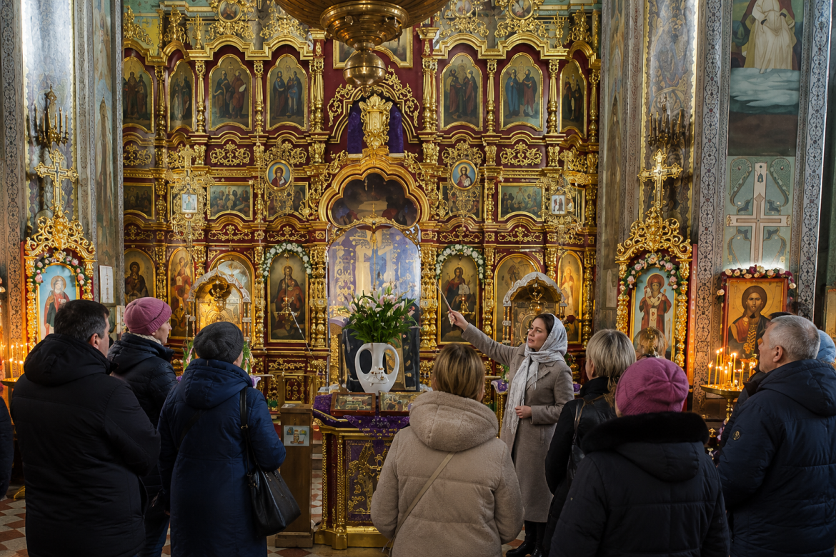 Екскурсійна група знайомиться з інтер'єром Воскресенського собору в Рівному. Гід розповідає про іконостас, історію храму та православні традиції.