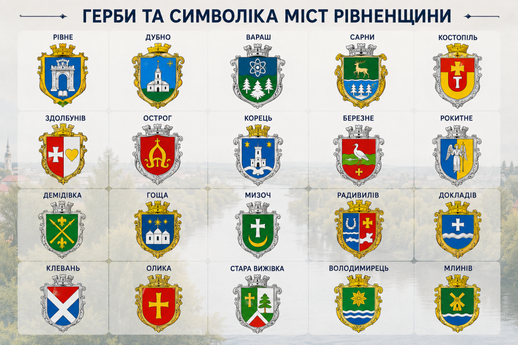 Інфографіка із гербами міст Рівненської області. Символіка, історичні емблеми та офіційні герби населених пунктів Рівненщини.