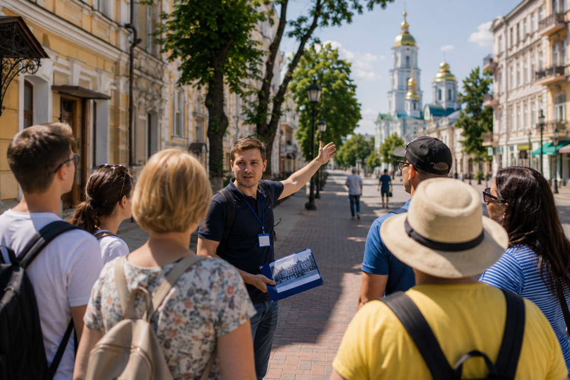 Екскурсовод проводить групу туристів по центральній вулиці Сум з видом на собор із золотими куполами на задньому плані