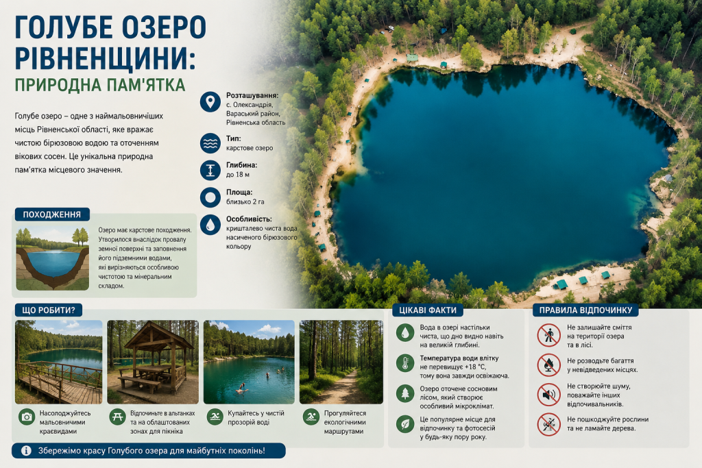 Інфографіка про Голубе озеро на Рівненщині з інформацією про походження, глибину, правила відпочинку та цікаві факти.
