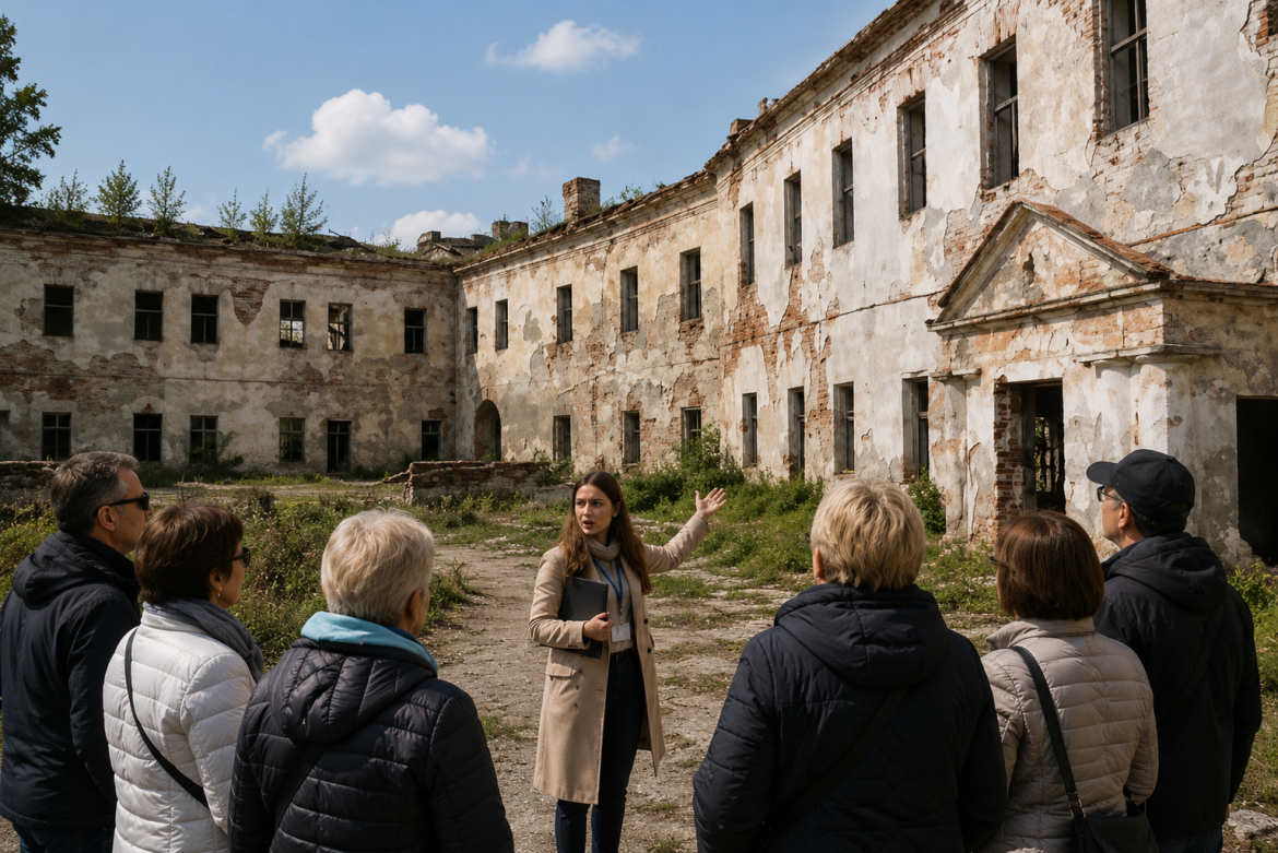Екскурсовод проводить туристичну групу територією Клеванського замку на Рівненщині.