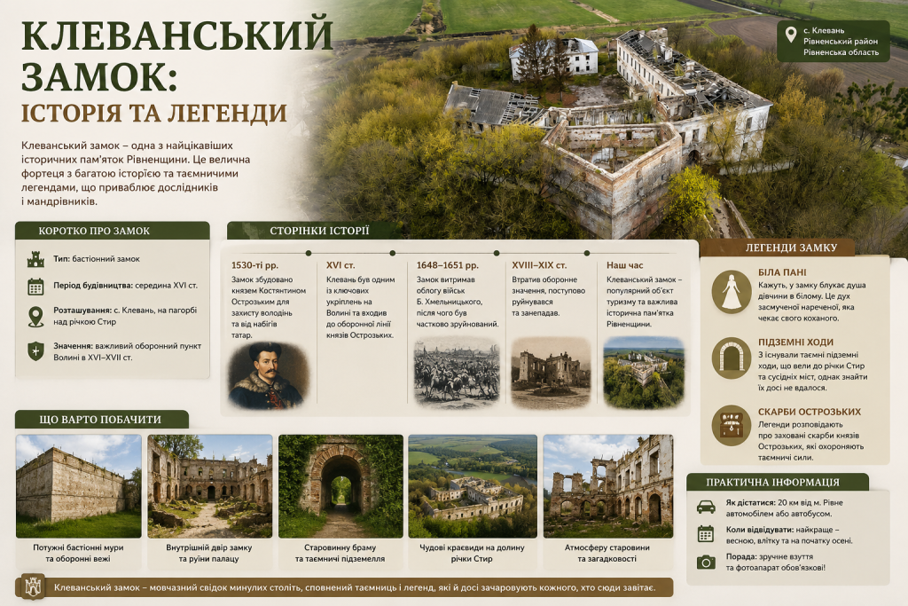 Інфографіка про Клеванський замок на Рівненщині з історією, легендами та основними пам'ятками.