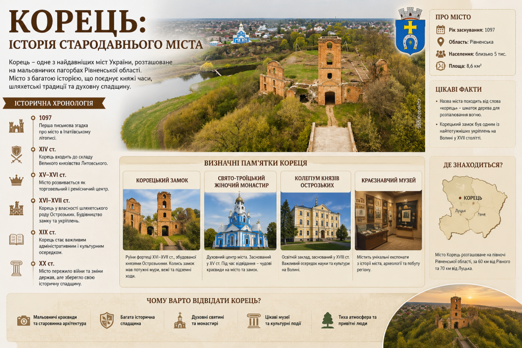 Інфографіка про історію міста Корець, його пам'ятки, цікаві факти, хронологію та розташування на карті Рівненської області.