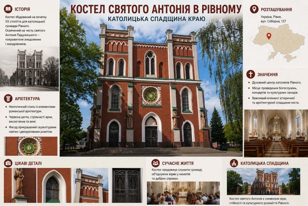 Інфографіка про костел святого Антонія в Рівному: історія будівництва, неоготична архітектура, значення для католицької громади та цікаві факти.