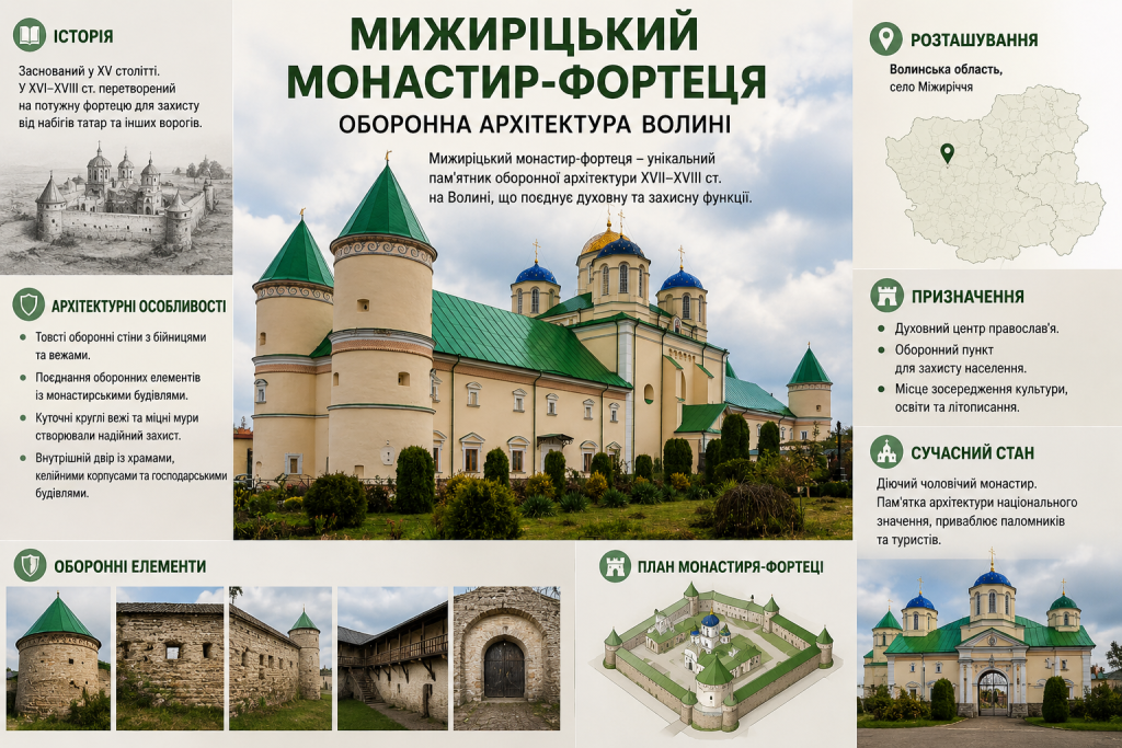 Інфографіка про Межиріцький монастир-фортецю на Волині: історія заснування, архітектурні особливості, оборонні елементи, сучасний стан та план унікальної пам’ятки.
