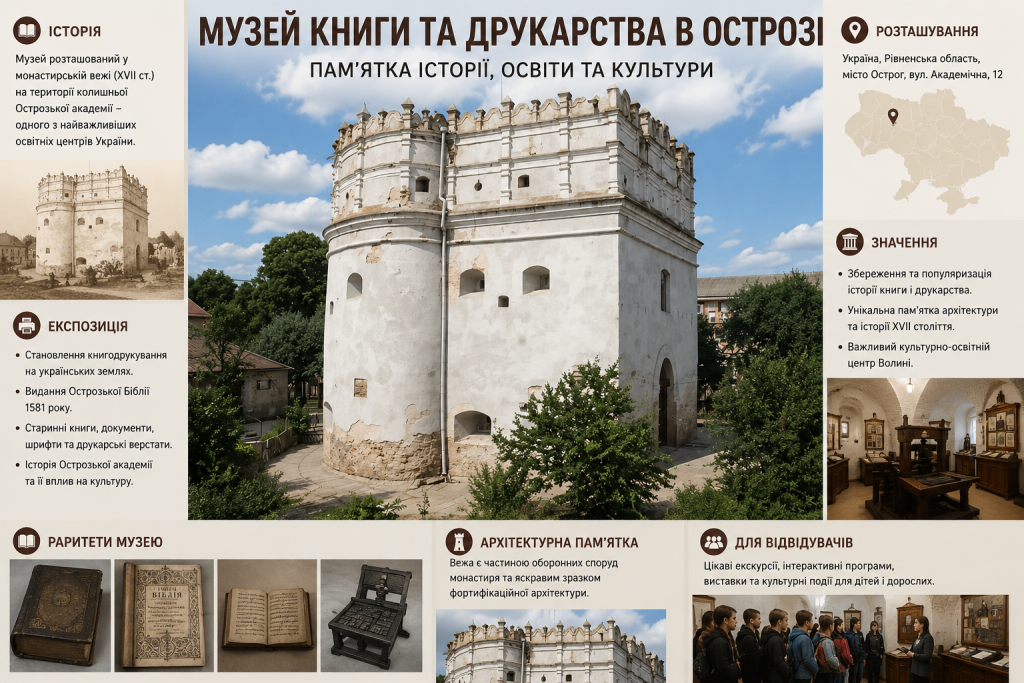 Інфографіка про Музей книги та друкарства в Острозі: історія музею, експозиції, стародруки, архітектурна пам’ятка та значення для української культури.