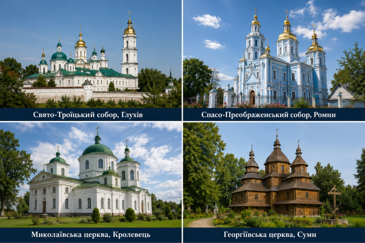 Колаж з чотирьох храмів Сумщини: Свято-Троїцький собор у Глухові, Спасо-Преображенський собор у Ромнах, Миколаївська церква у Кролевці та Георгіївська церква у Сумах