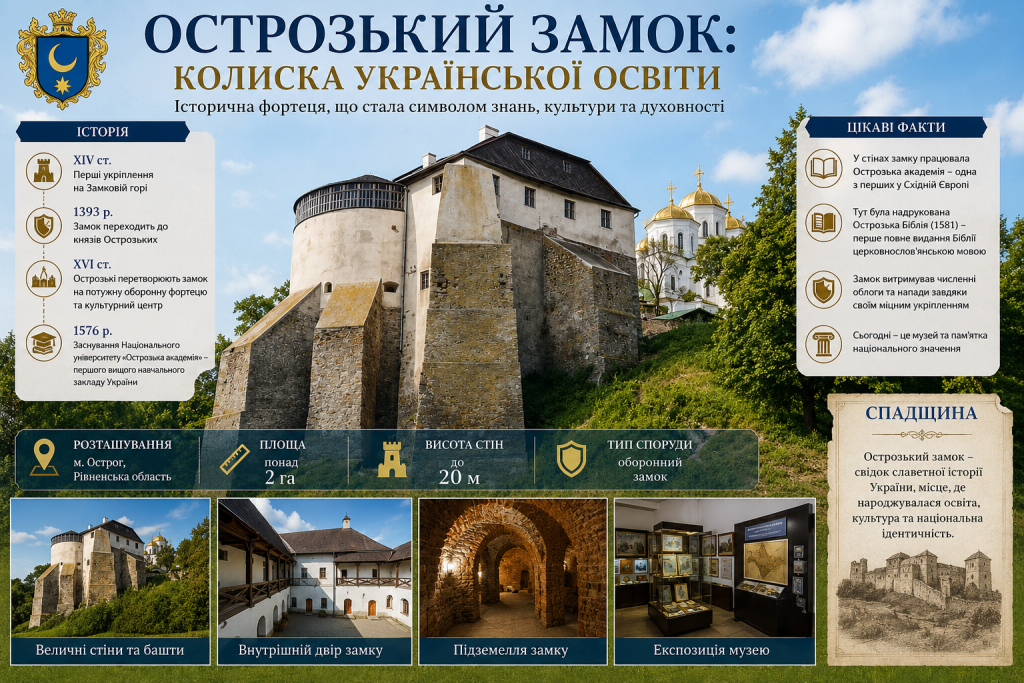 Інфографіка про Острозький замок: історія фортеці, архітектурні особливості, Острозька академія, музейні експозиції та визначна пам'ятка Рівненщини.