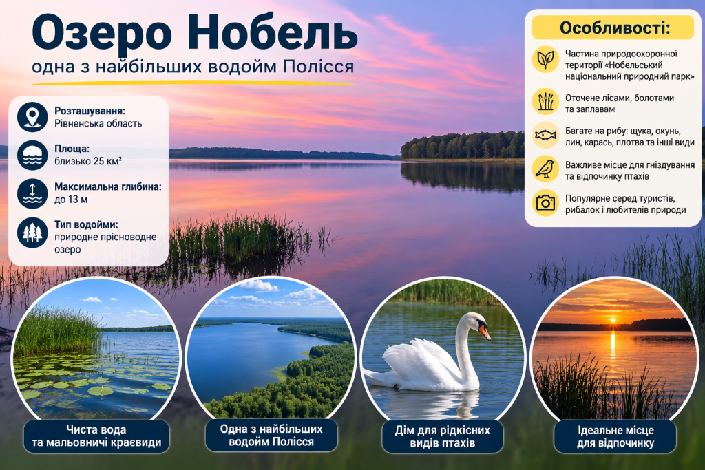 Інфографіка про озеро Нобель у Рівненській області: розташування, площа, глибина, природні особливості, рибні ресурси, птахи та можливості для відпочинку.