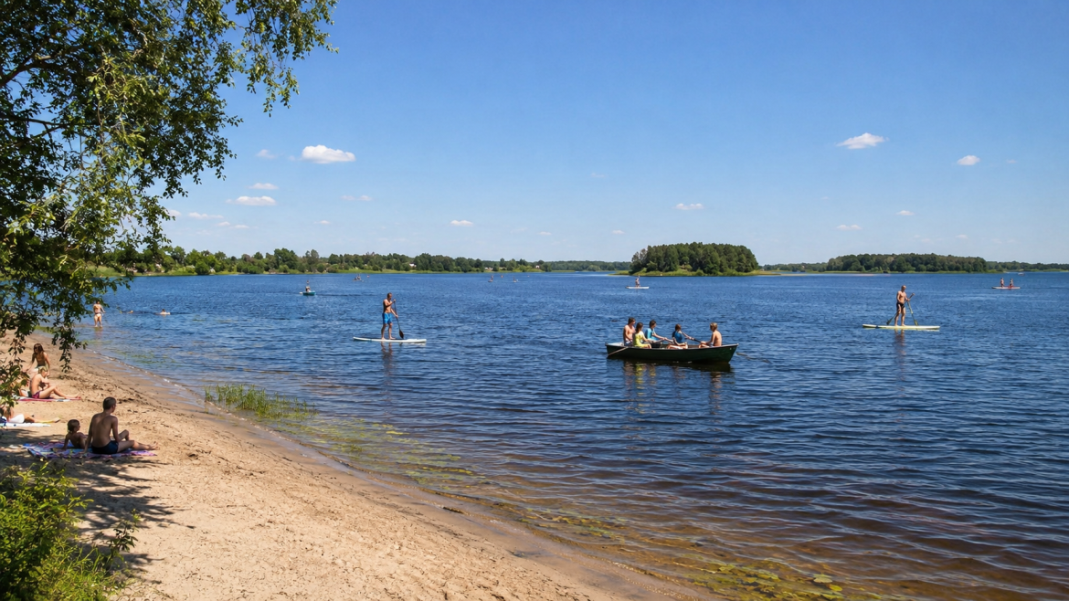 Відпочивальники купаються, катаються на човнах і SUP-дошках на озері Нобель у Рівненській області. Просторий піщаний пляж, чиста вода та мальовнича природа Полісся.