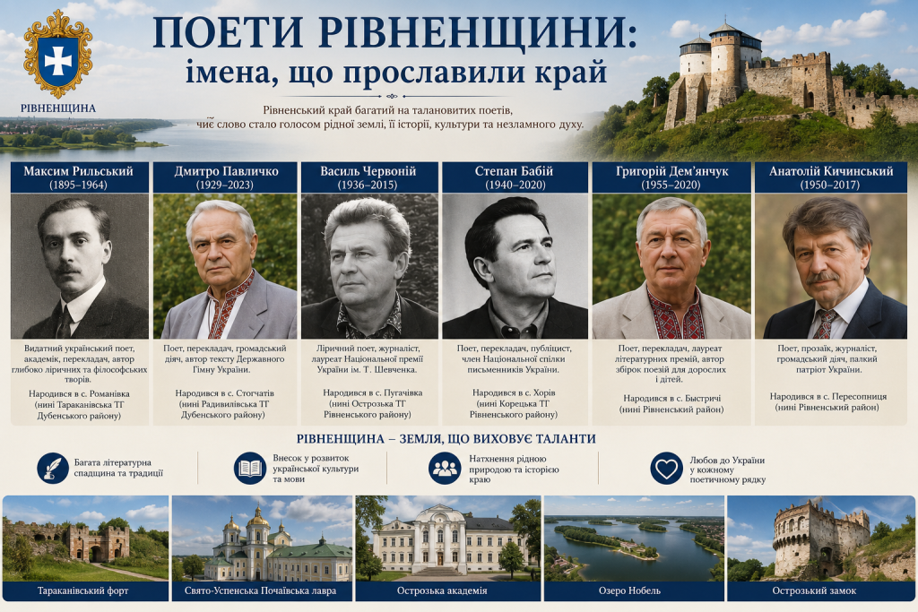 Інфографіка про видатних поетів Рівненщини, їхню творчість, біографію та внесок у розвиток української літератури, культури й національної спадщини.