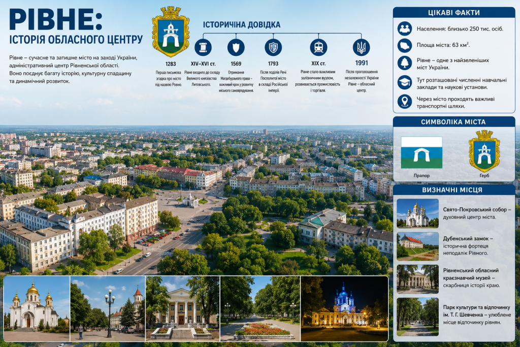 Інфографіка про історію міста Рівне, його символіку, визначні місця та цікаві факти.