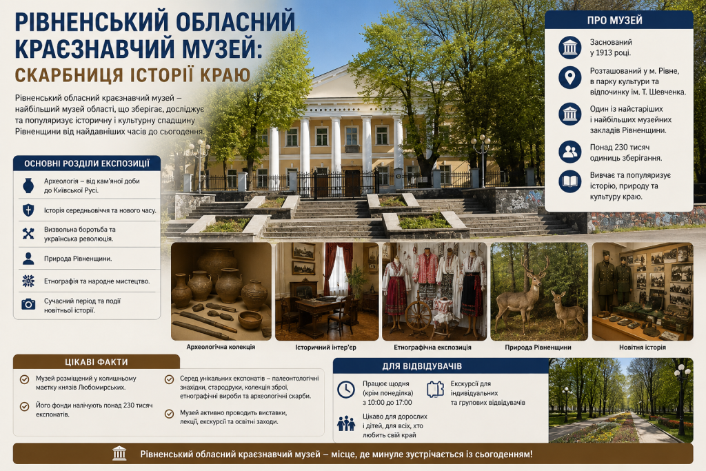Інфографіка про Рівненський обласний краєзнавчий музей, його експозиції, історію та цікаві факти.