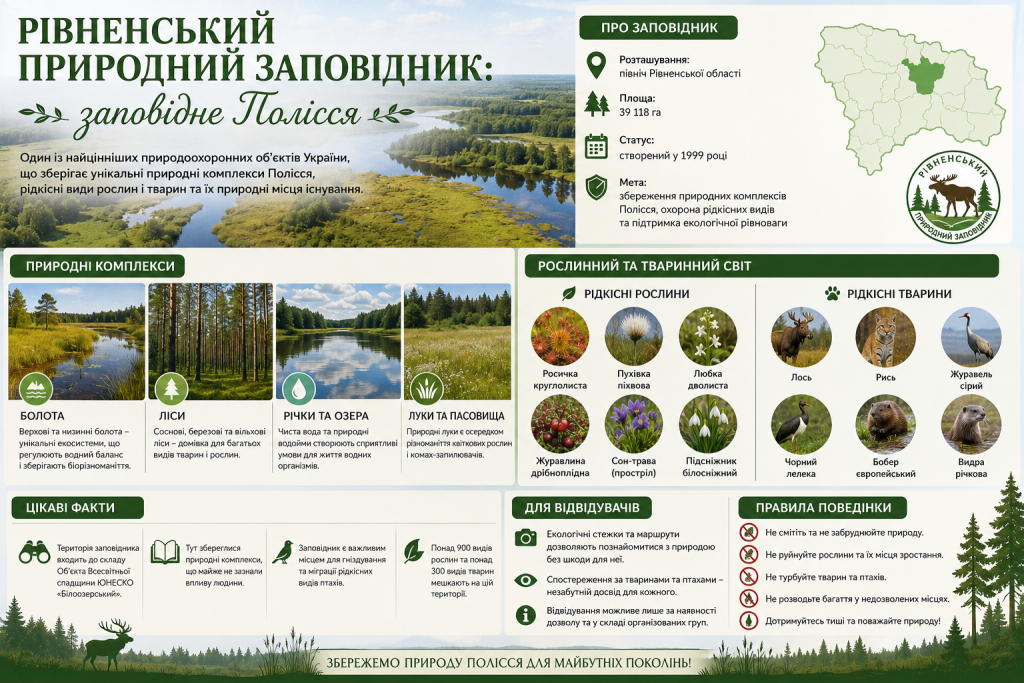 Інфографіка про Рівненський природний заповідник, його природу, рослини, тварин і правила відвідування.