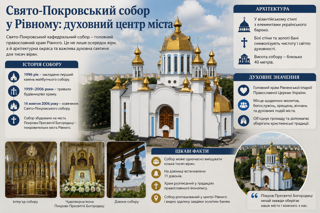 Інфографіка про Свято-Покровський кафедральний собор у Рівному, його історію, архітектуру та духовне значення.
