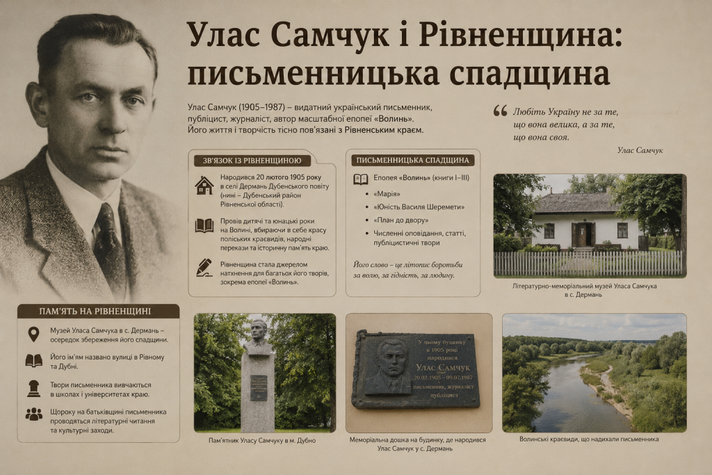 Інфографіка про життя та творчість Уласа Самчука, його зв'язок із Рівненщиною та літературну спадщину.