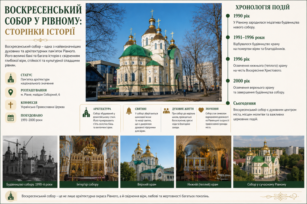 Інфографіка про Воскресенський собор у Рівному: історія будівництва, архітектурні особливості, святині, духовне життя та значення храму для міста.