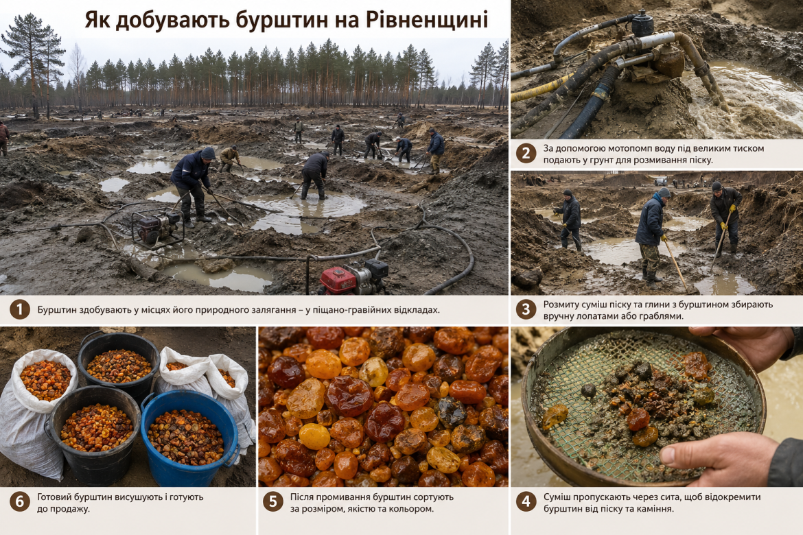 Інфографіка про процес видобутку бурштину на Рівненщині: розмивання ґрунту, промивання породи, сортування бурштину та підготовка каменю до продажу.