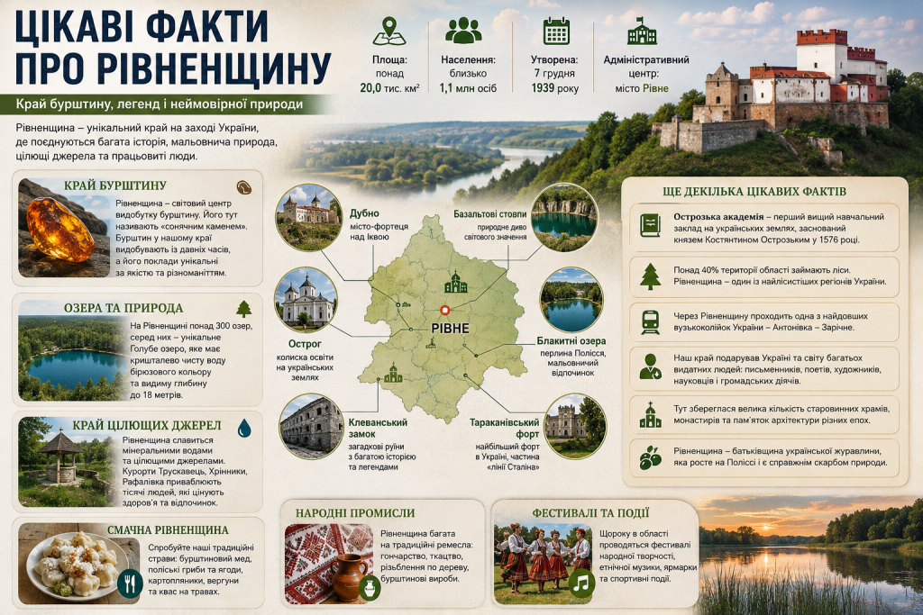Інфографіка про Рівненську область із картою, природними пам'ятками, історичними місцями та цікавими фактами.