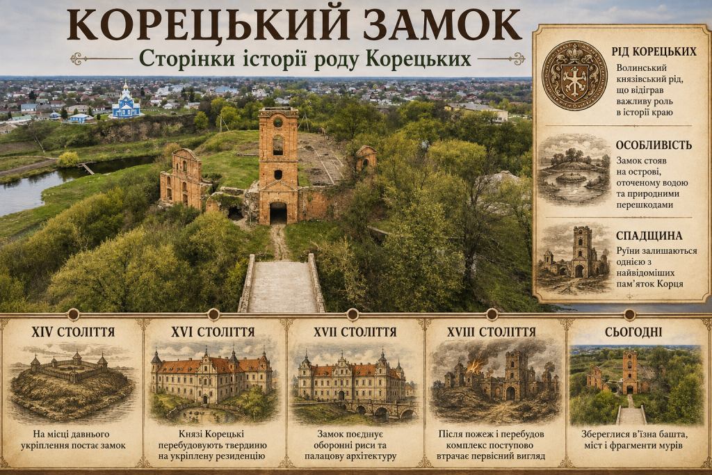 Інфографіка про історію Корецького замку, рід Корецьких та зміни фортеці від XIV століття до сучасності