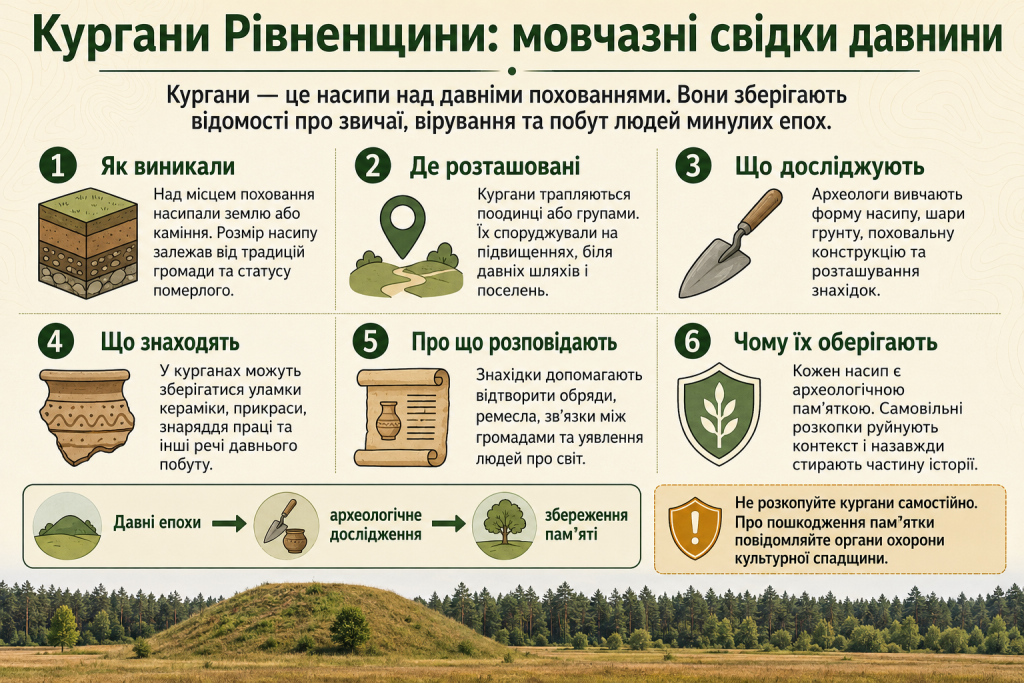 Інфографіка про кургани Рівненщини, їх походження, розташування, археологічні знахідки та значення для вивчення давньої історії краю.