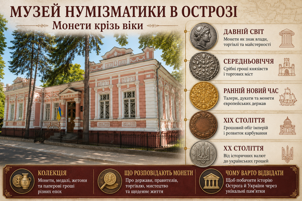 Інфографіка про музей нумізматики в Острозі та колекцію монет різних історичних епох