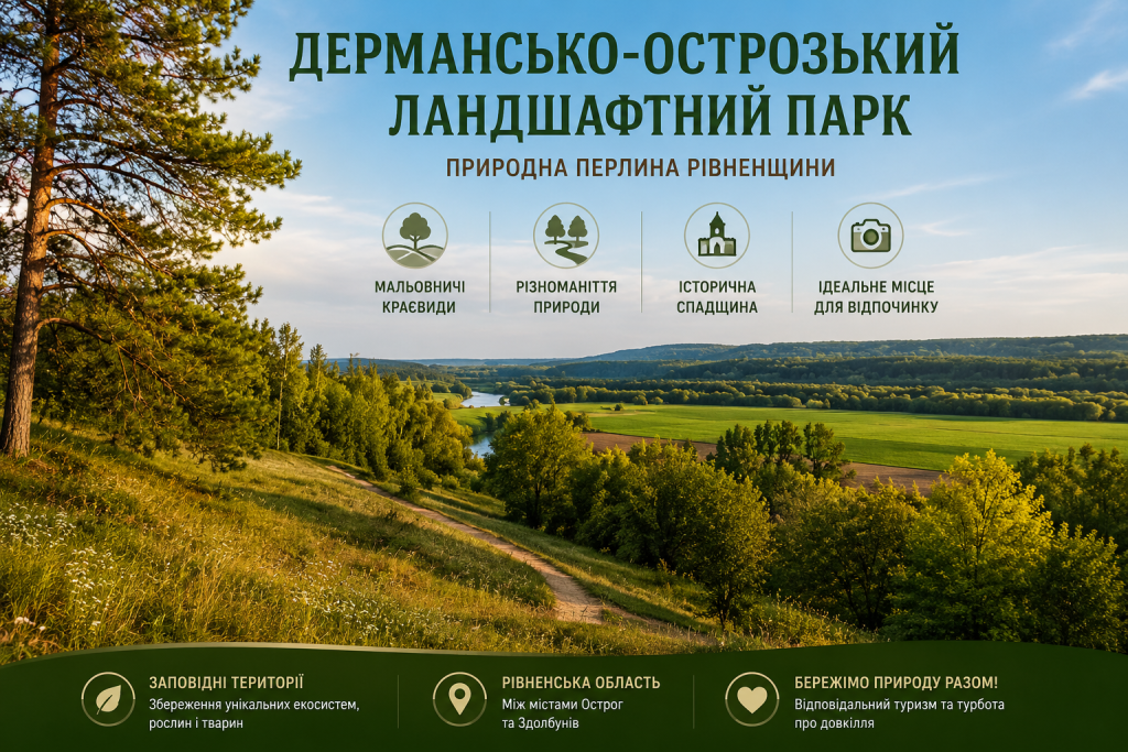 Інфографіка про Дермансько-Острозький регіональний ландшафтний парк, його природу, краєвиди, історичну спадщину та відпочинок.
