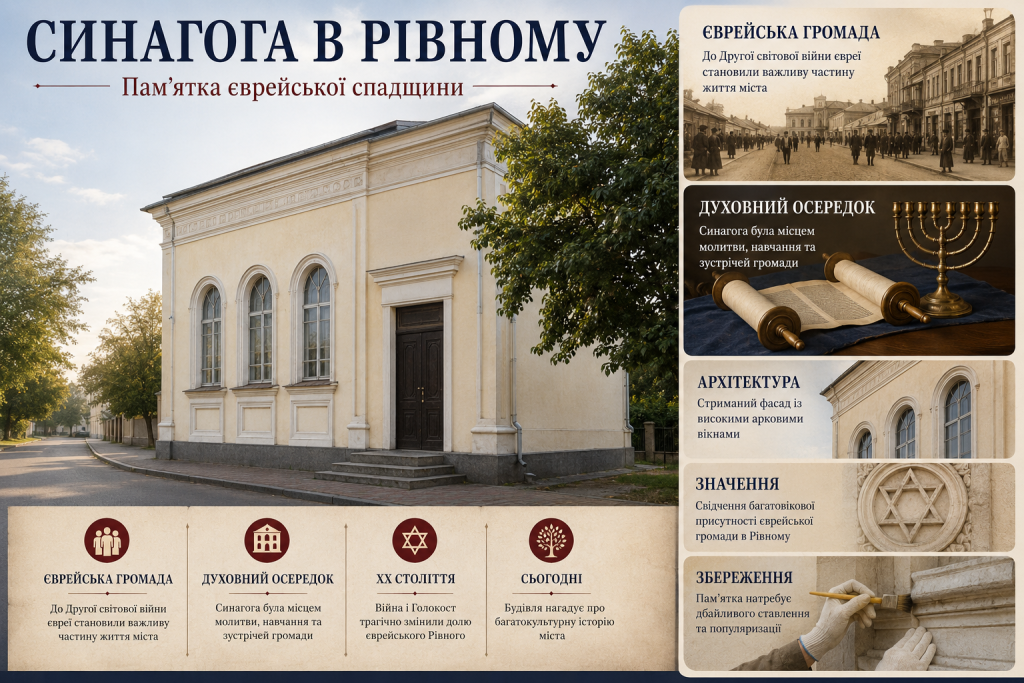 Інфографіка про синагогу в Рівному, історію єврейської громади, архітектуру та культурне значення пам’ятки