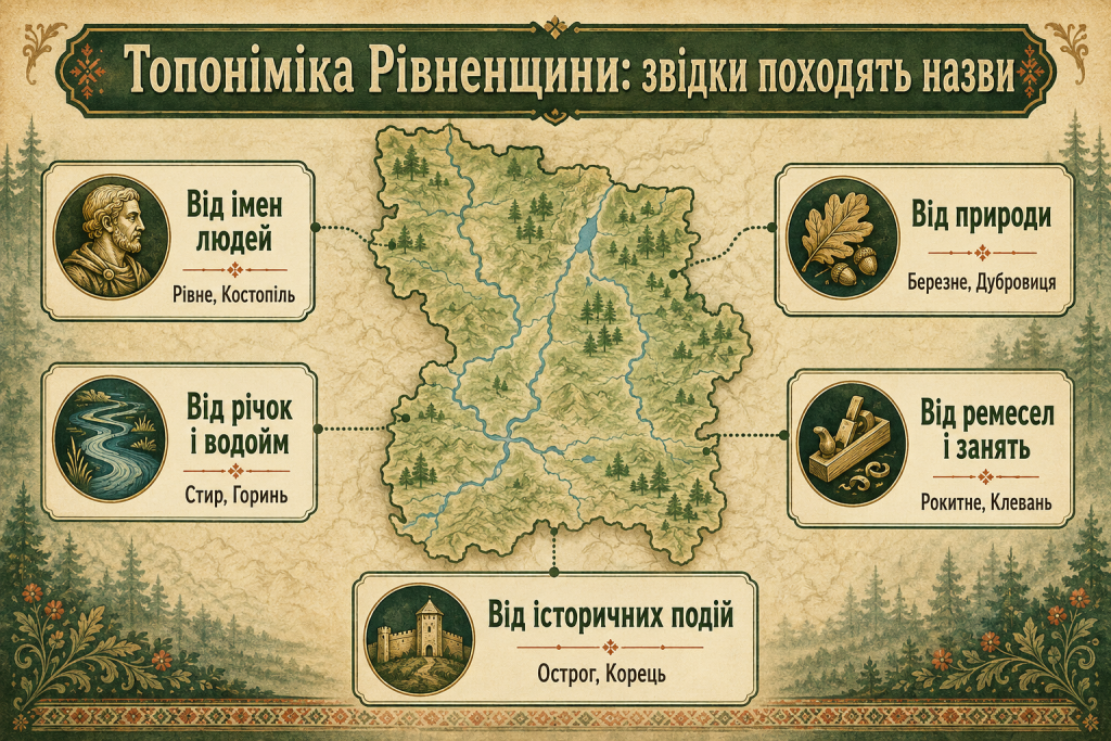 Інфографіка про топоніміку Рівненщини та походження місцевих назв від імен людей, річок, природи, ремесел і історичних подій.