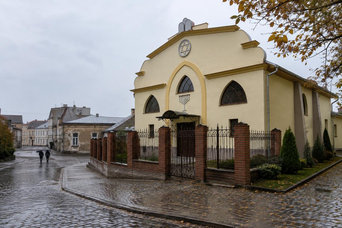 Будівля синагоги в Рівному з єврейською символікою на фасаді та огорожею біля входу