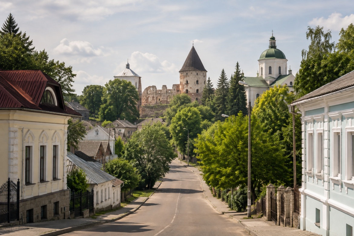 Вулиця у Клевані з історичними будівлями, зеленими деревами, старовинними баштами та храмом.