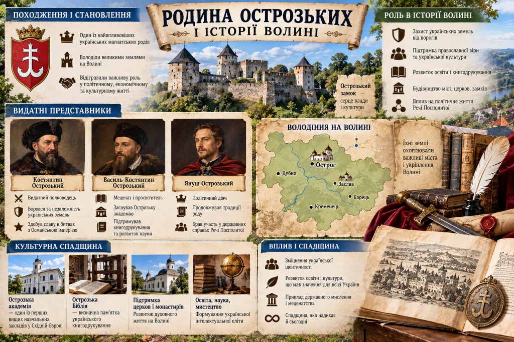 Інфографіка про родину Острозьких, її представників, володіння на Волині, культурну спадщину та історичний вплив