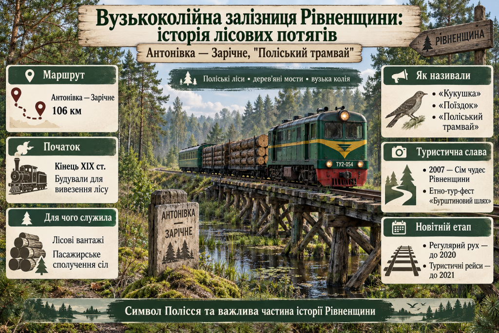 Інфографіка про вузькоколійну залізницю Антонівка — Зарічне на Рівненщині, її історію, маршрут, лісові перевезення та туристичне значення.